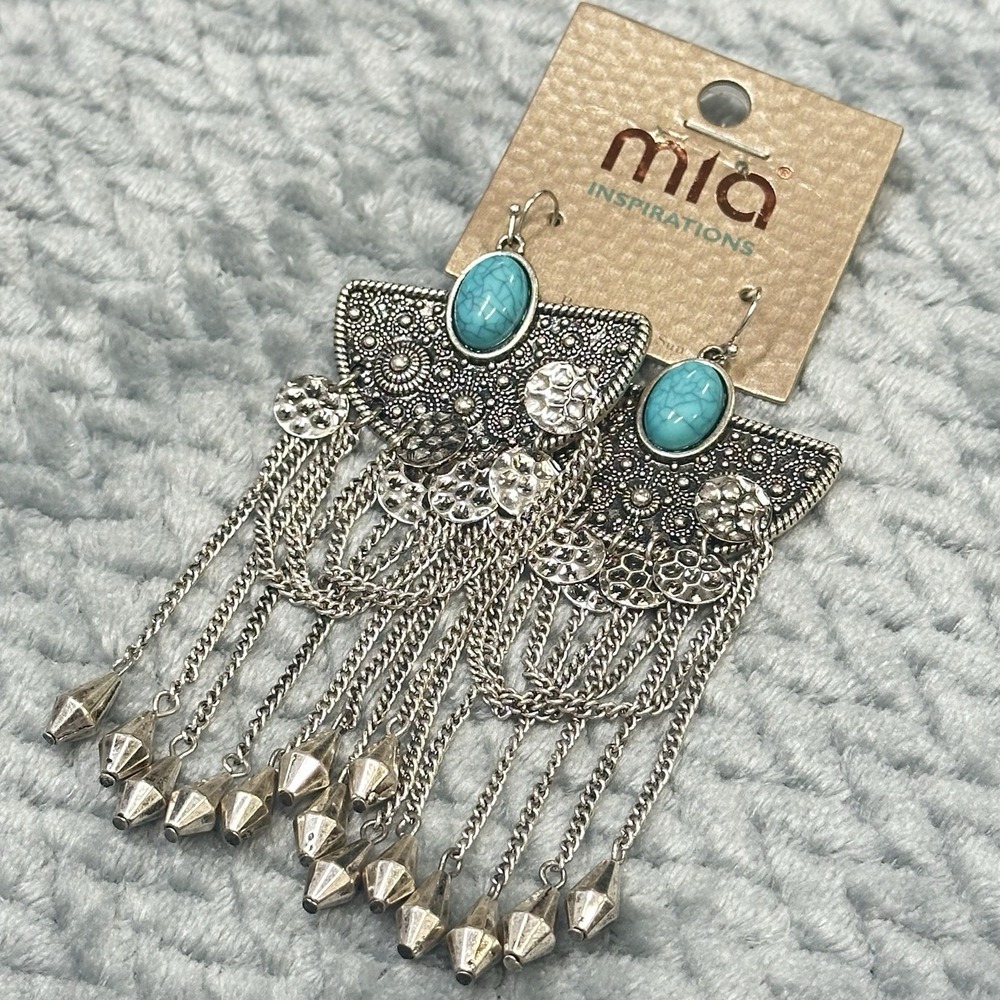 Fashion Earrings Jewelry Silvertone Boho Western Dangle Turquoise Fringe New